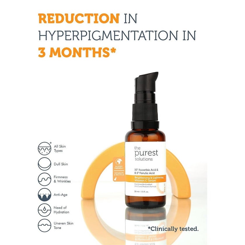 The Purest Solutions 10% Ascorbic Acid & 0.5% Ferulic Acid Brightening & Lightening Vitamin C Facial Serum 30ml