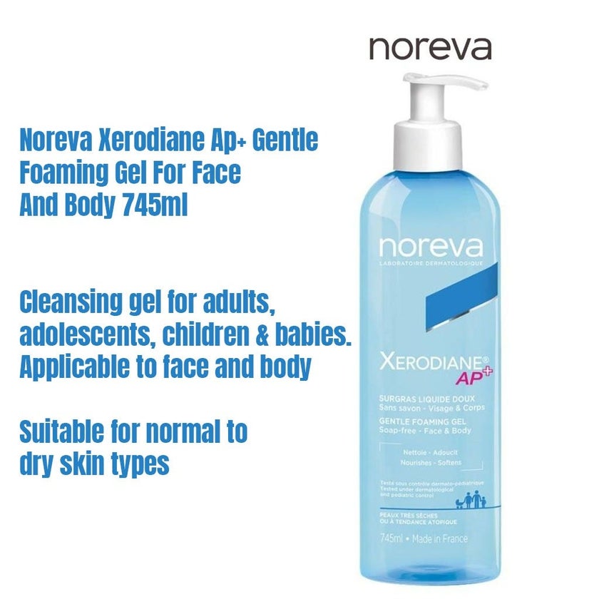 Noreva Xerodiane Ap+ Gentle Foaming Gel, Soap-Free Face And Body Wash 745ml