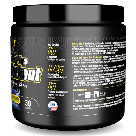 Muscle Bolt Power Plus Pre-Workout Supplement Powder With L- Arginine, Beta Alanine & Creatine Monohydrate - Blue Raspberry 210g