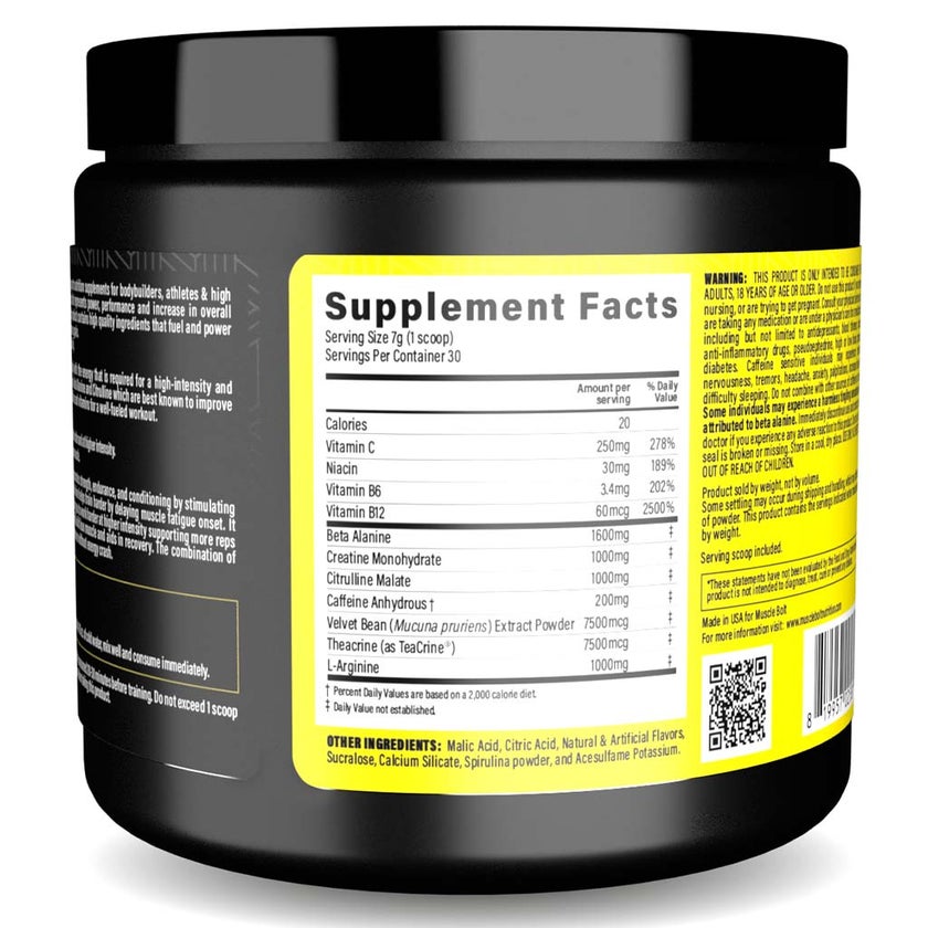 Muscle Bolt Power Plus Pre-Workout Supplement Powder With L- Arginine, Beta Alanine & Creatine Monohydrate - Blue Raspberry 210g