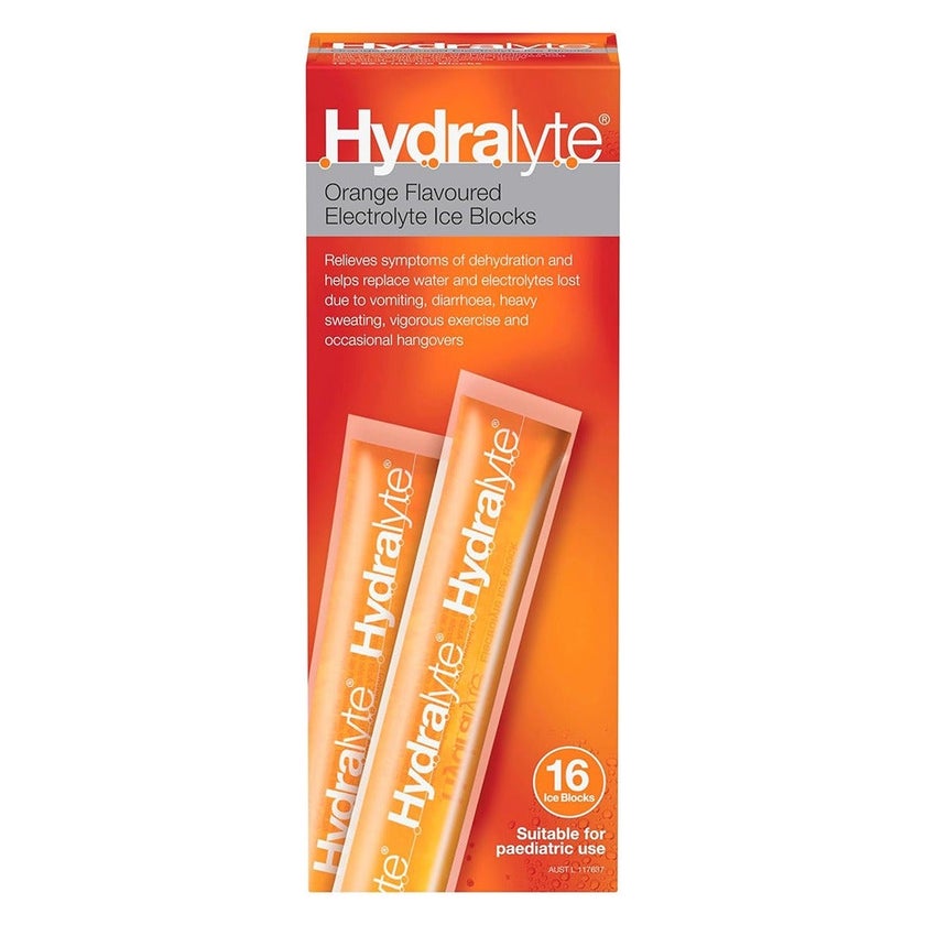 Hydralyte 62.5ml Electrolyte Ice Blocks For Dehydration, Orange Flavor, Pack of 16's