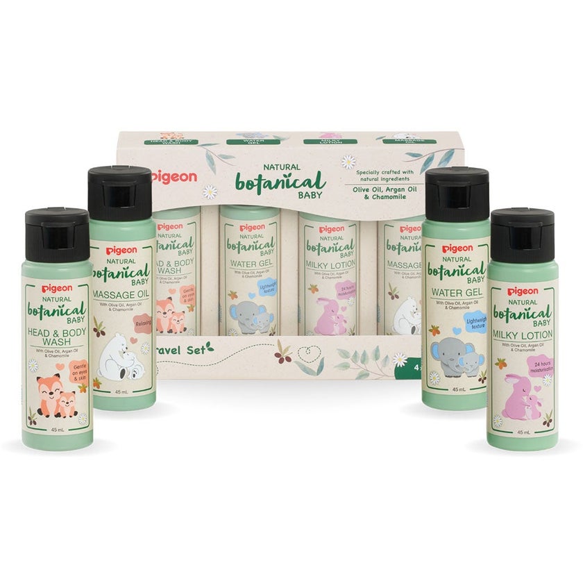 Pigeon Natural Botanical Baby Travel Set With Head & Body Wash, Water Gel, Milky Lotion & Massage Oil, Pack of 4 Pieces