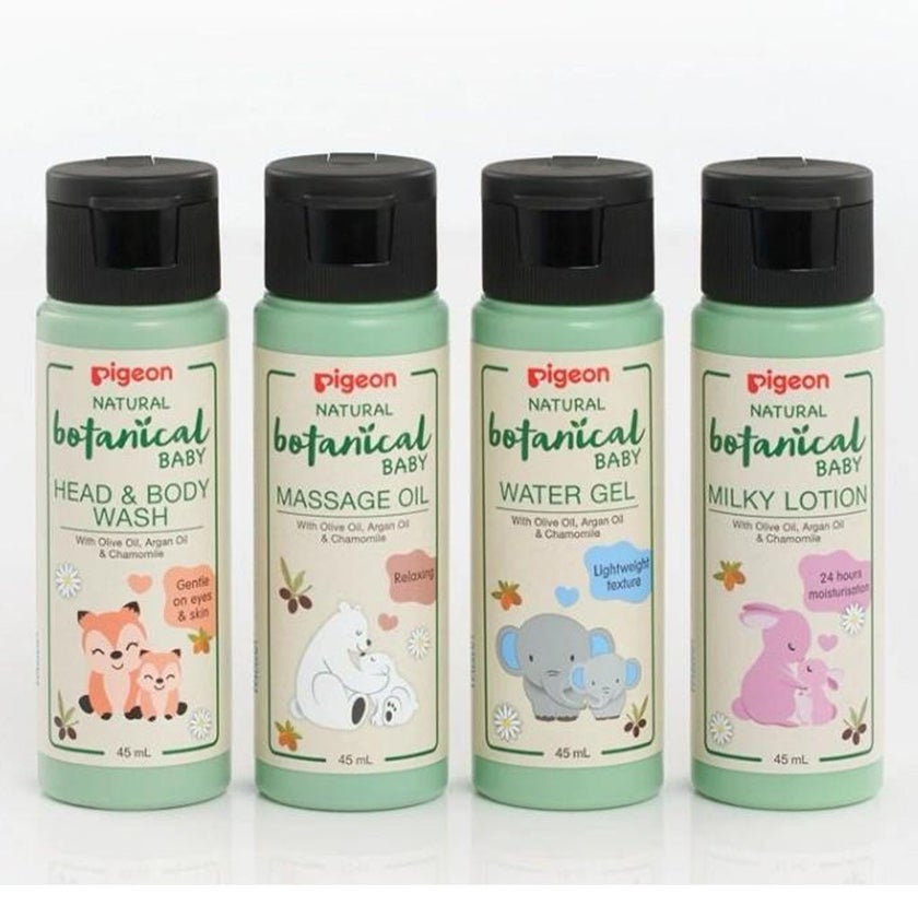 Pigeon Natural Botanical Baby Travel Set With Head & Body Wash, Water Gel, Milky Lotion & Massage Oil, Pack of 4 Pieces