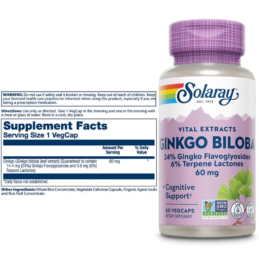 Solaray Ginkgo Biloba Leaf Extract 60mg Veg Capsules For Cognitive Support, Pack of 60's
