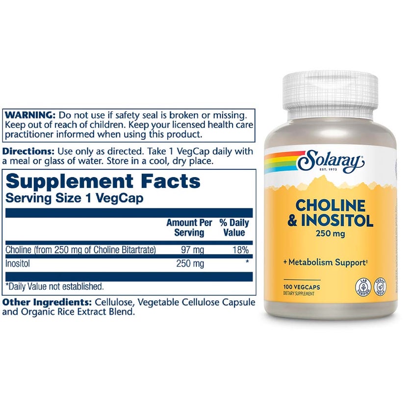 Solaray Choline & Inositol 250mg Veg Capsules To Support Metabolism, Pack of 100's