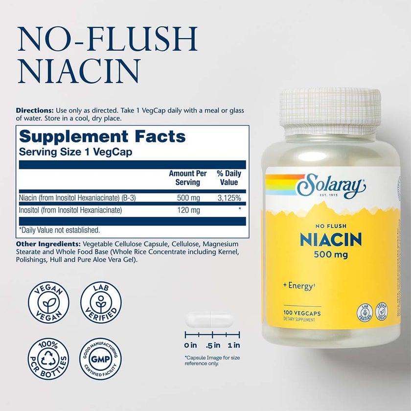 Solaray Niacin No Flush 500mg Veg Capsules For Energy Support, Pack of 100's