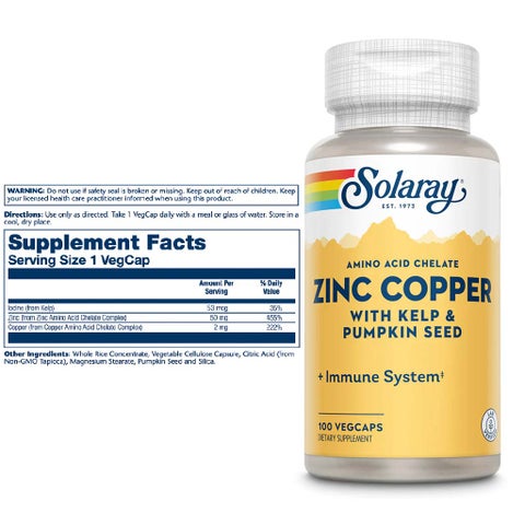 Solaray Zinc Copper Capsules, Immunity Support - 100 Capsules