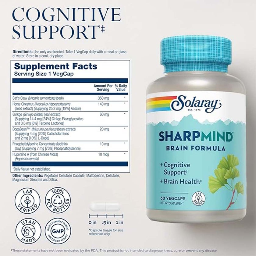 Solaray Sharpmind Brain Formula Vegetarian Capsules For Cognitive Support & Brain Health, Pack of 60's