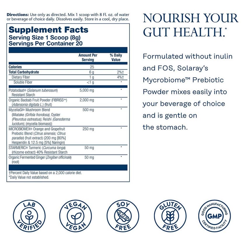 Solaray Microbiome Prebiotic Powder For Digestive Health & Healthy Gut Barrier, Unflavored, 160g