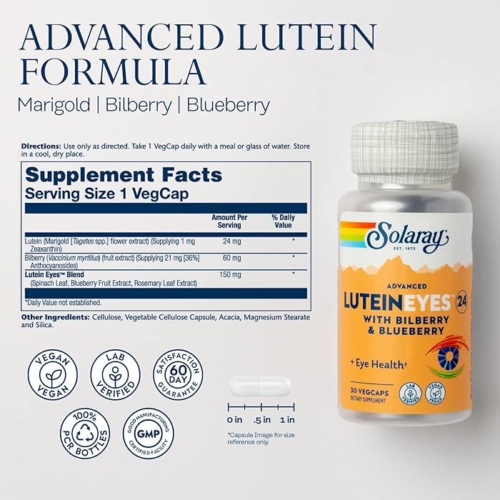 Solaray Advanced Lutein Eyes 24mg Vegetarian Capsules With Marigold, Bilberry & Blueberry For Eye Health, Pack of 30's
