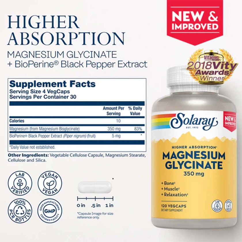 Solaray Magnesium Glycinate 350mg Veg Capsules, Pack of 120's