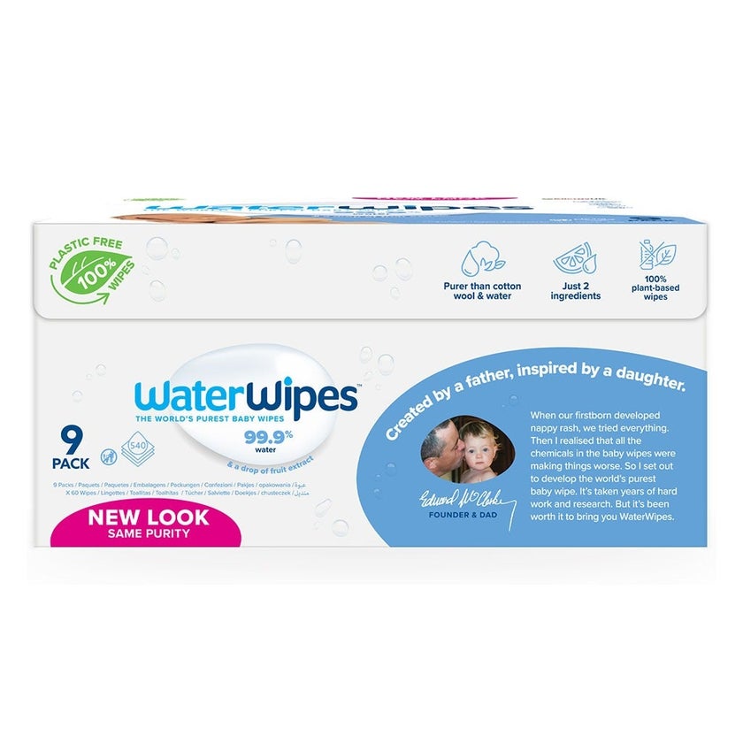 WaterWipes Original Plastic Free Baby Wipes, 9 Packs Each of 60 Unscented Wet Wipes
