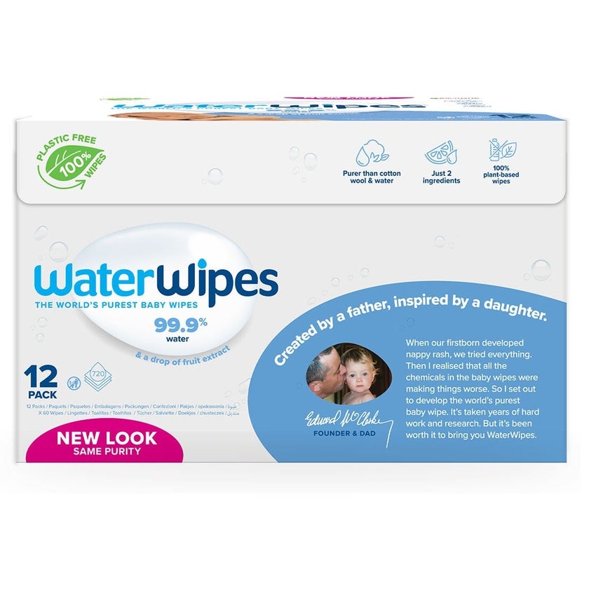 WaterWipes Original Plastic Free Baby Wipes, 12 Packs Each of 60 Unscented Wet Wipes