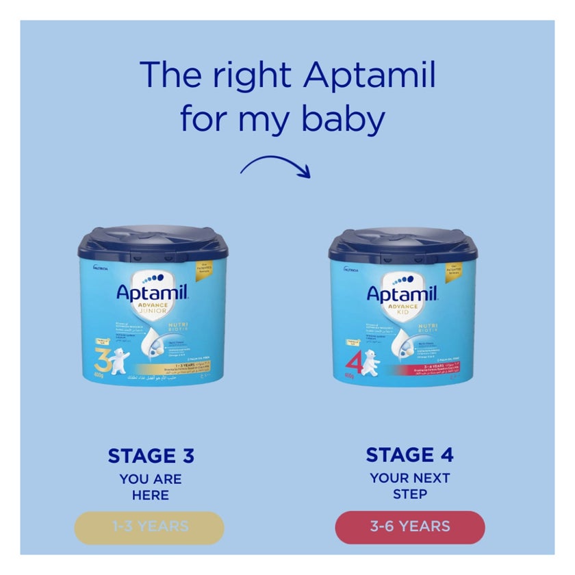 Aptamil Advance Junior Stage 3 Palm Oil Free Toddlers Milk Formula For 1 To 3 Years 400g 