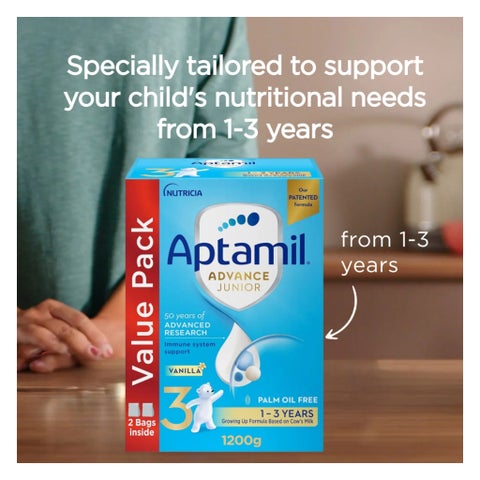 Aptamil Advance Junior Stage 3 Palm Oil Free Toddlers Milk Formula For 1 To 3 Years 1200g 