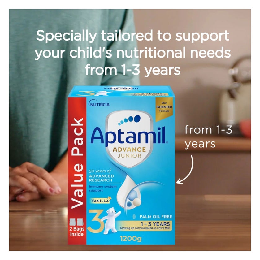 Aptamil Advance Junior Stage 3 Palm Oil Free Toddlers Milk Formula For 1 To 3 Years 1200g 