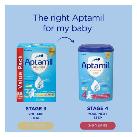 Aptamil Advance Junior Stage 3 Palm Oil Free Toddlers Milk Formula For 1 To 3 Years 1200g 