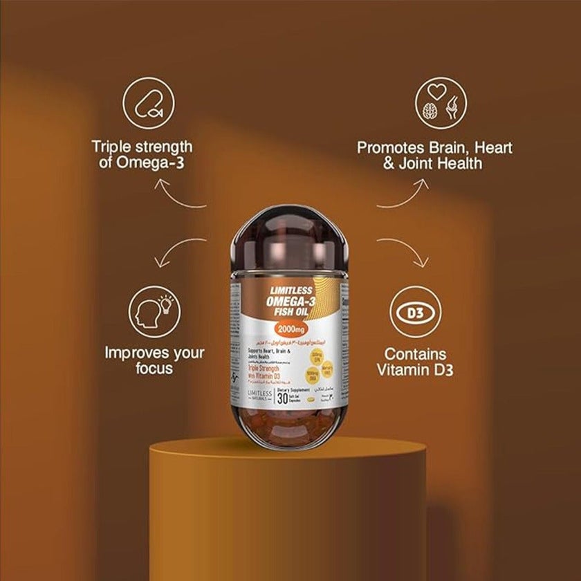 Eva Pharma Limitless Omega 3 Fish Oil 2000mg Softgels, Pack of 30's