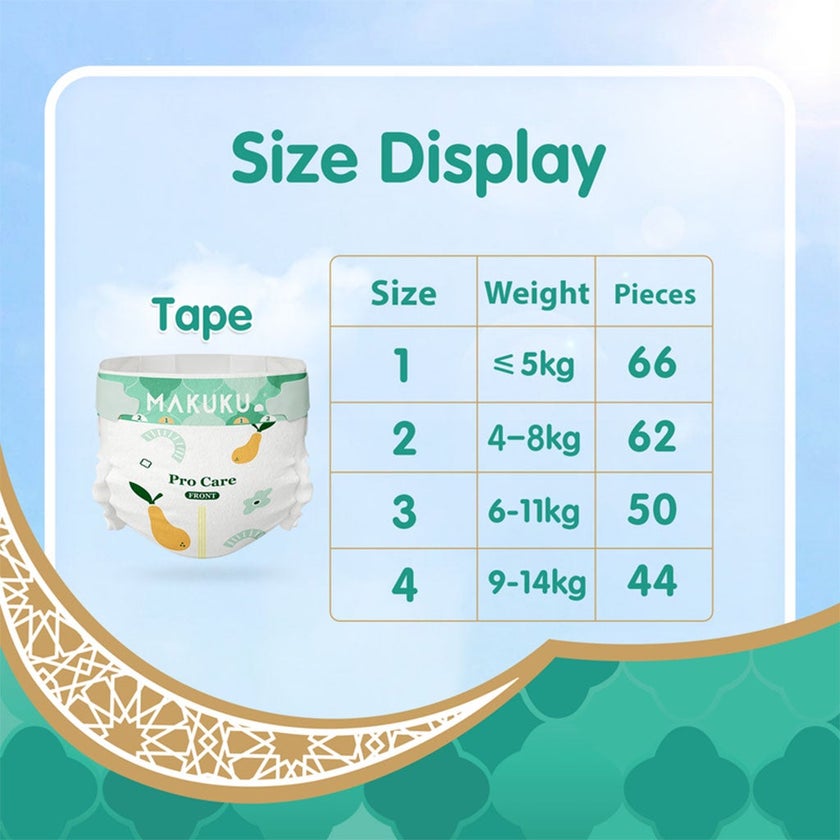 Makuku Pro Care Premium Tape Newborn Diapers, Size 1, For Up To 5Kg, Pack of 66’s