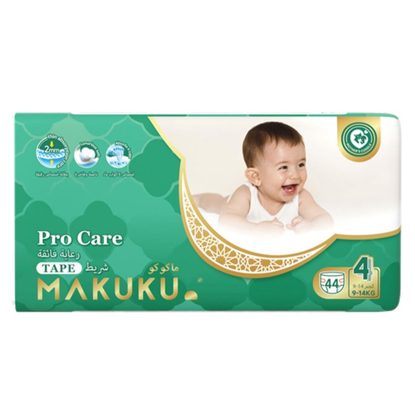 Makuku Pro Care Premium Tape Baby Diapers, Size 4, Large For 9 To 14Kg, Pack of 44’s 