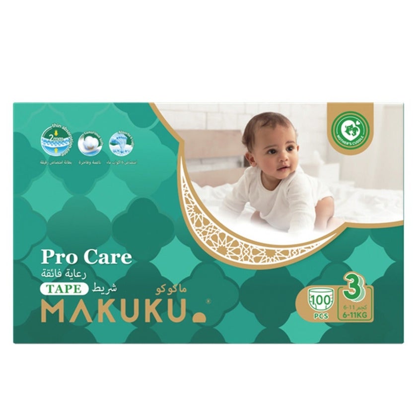 Makuku Pro Care Premium Tape Baby Diapers, Size 3, Medium For 6 To 11Kg, Pack of 100's
