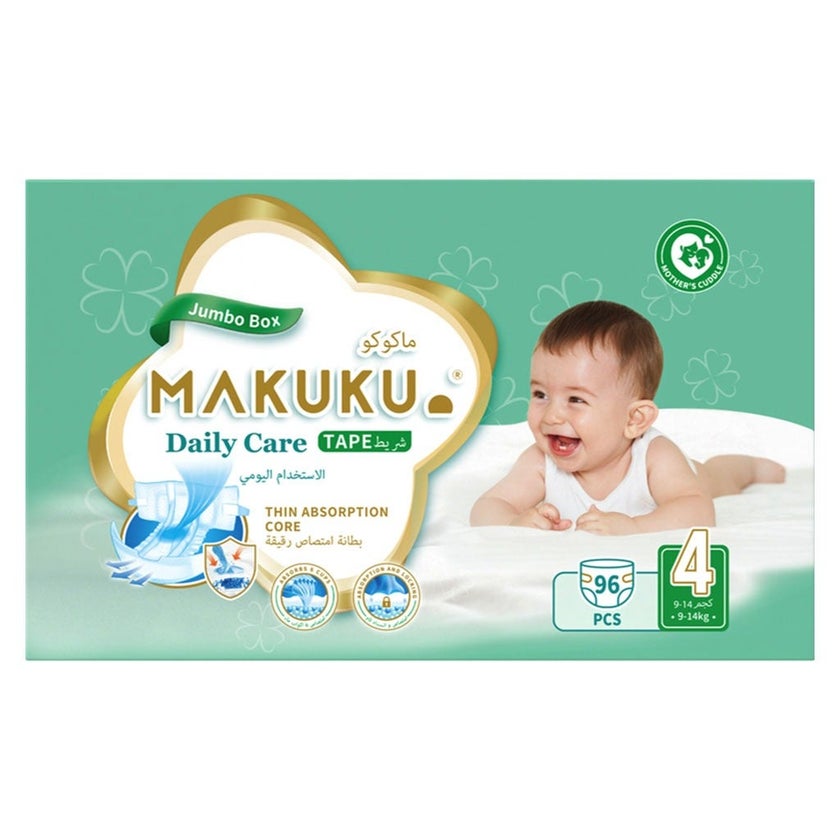 Makuku Daily Care Tape Baby Diapers, Size 4, Large For 9 To 14Kg, JUMBO PACK of 96's