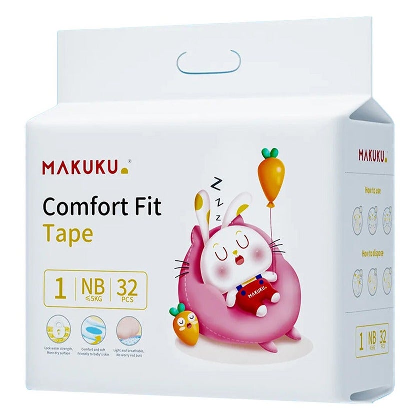 Makuku Comfort Fit Tape Newborn Diapers, Size 1 For 0 To 5Kg, Pack of 32’s
