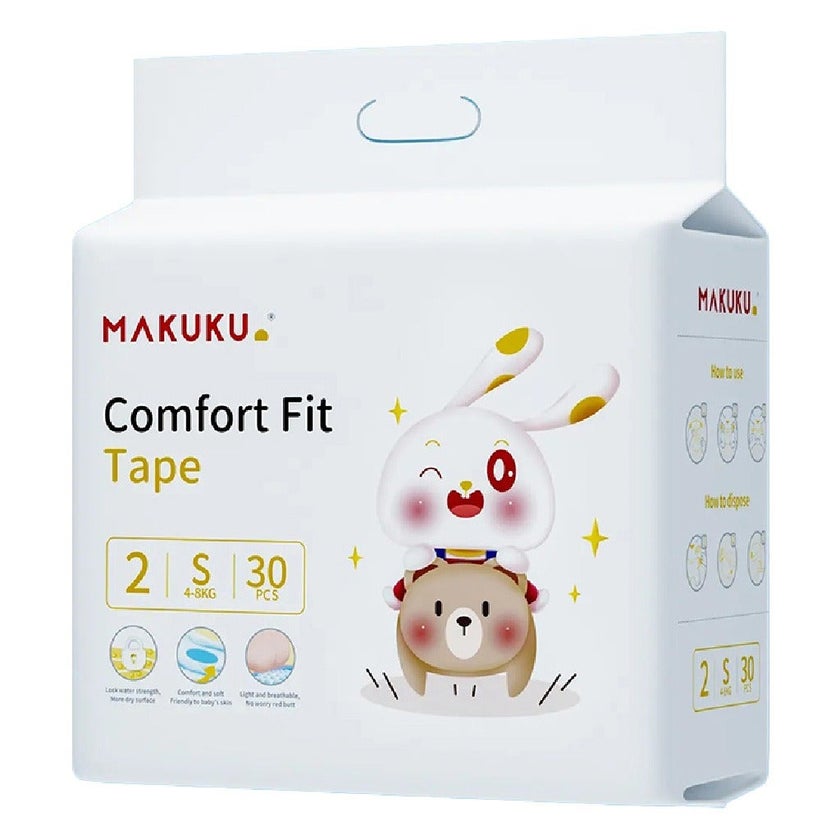 Makuku Comfort Fit Tape Baby Diapers, Size 2, Small For 4 To 8Kg, JUMBO PACK of 30x 8’s