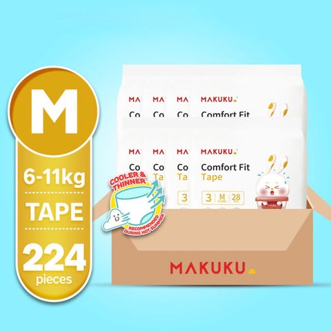 Makuku Comfort Fit Tape Baby Diapers, Size 3, Medium For 6 To 11Kg Baby, JUMBO PACK of 28x 8’s