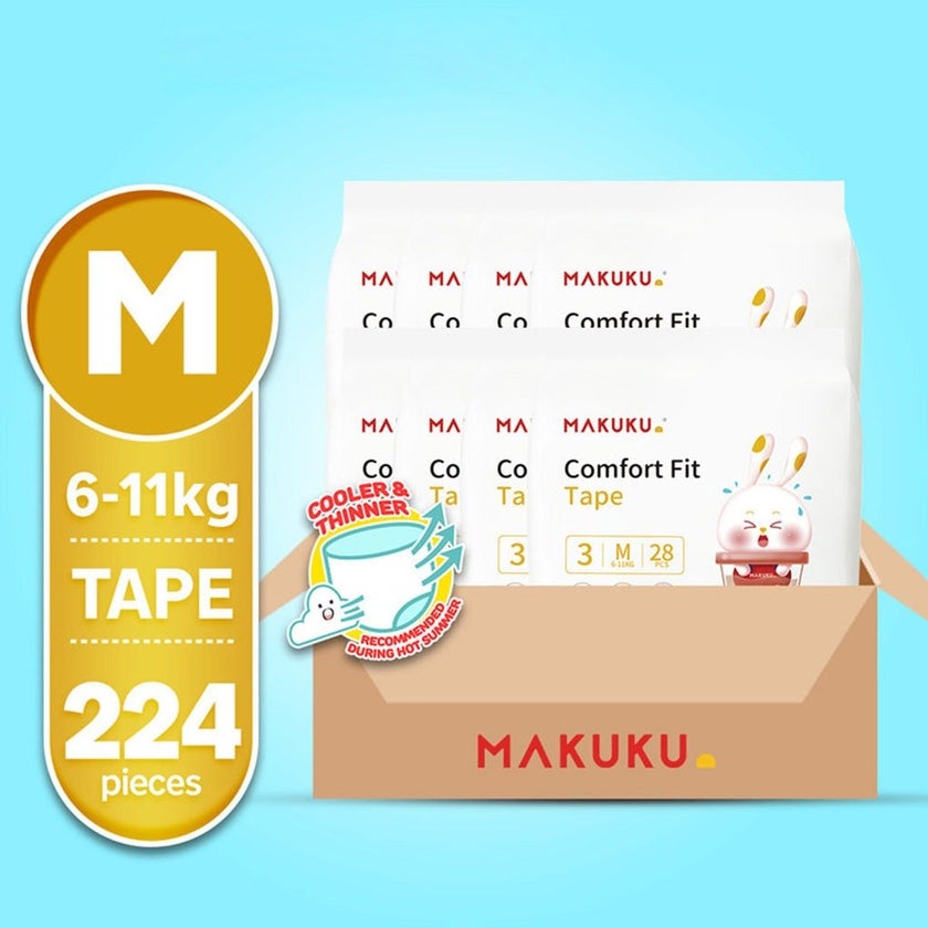 Makuku Comfort Fit Tape Baby Diapers, Size 3, Medium For 6 To 11Kg Baby, JUMBO PACK of 28x 8’s