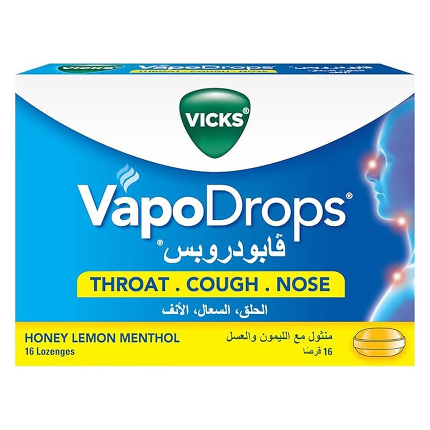 Vicks VapoDrops + Cough, Honey Lemon Flavored Lozenges For Sore Throat, Pack of 16's