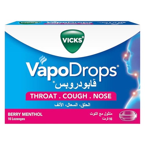 Vicks VapoDrops + Cough, Berry Menthol Flavored Lozenges For Sore Throat, Pack of 16's
