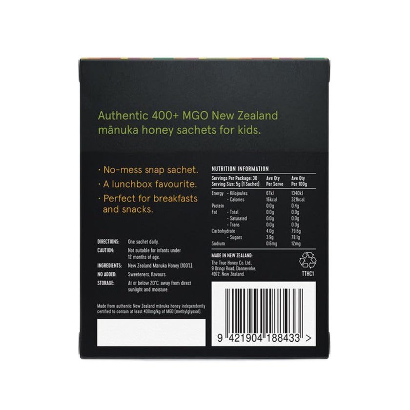 The True Honey Co 400+ MGO Manuka Honey Sachets, Pack of 30's