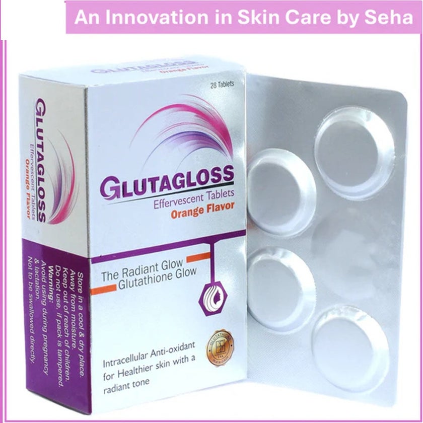 Glutagloss Glutathione & Vitamin C Effervescent Tablets Orange Flavour, Pack of 28'S