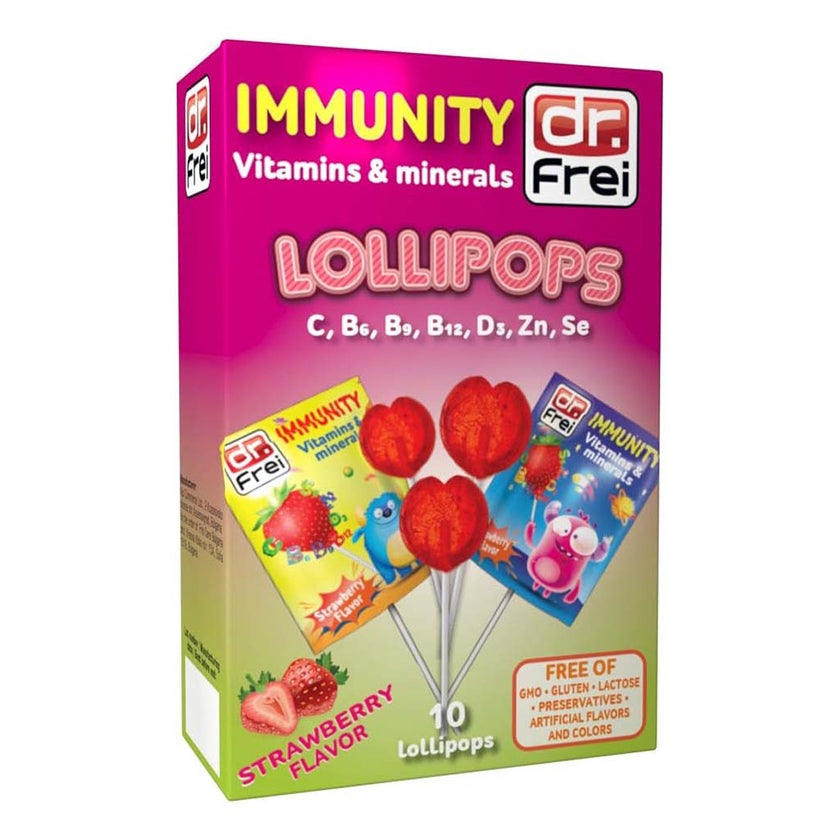 Dr. Frei Immunity Kids Vitamins & Minerals Lollipops Strawberry Flavor, Pack of 10’s