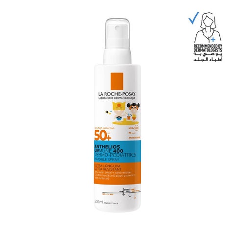 لاروش بوساي أنثيليوس UVMUNE 400 درميو بيدياتريكس SPF50+ بخاخ واقي من الشمس غير مرئي للأطفال للوجه والجسم 200 مل
