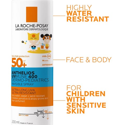 لاروش بوساي أنثيليوس UVMUNE 400 درميو بيدياتريكس SPF50+ بخاخ واقي من الشمس غير مرئي للأطفال للوجه والجسم 200 مل