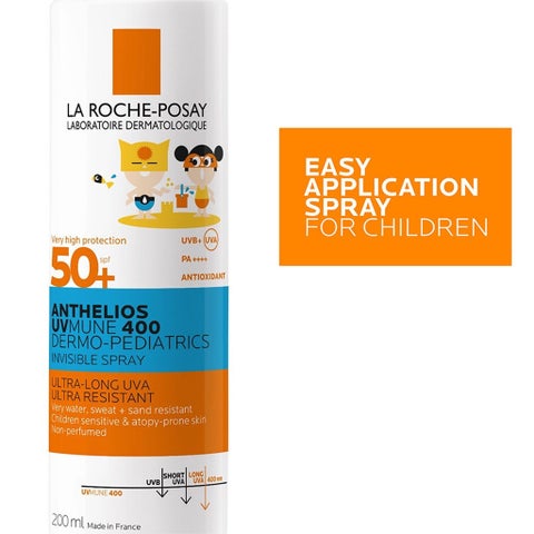 لاروش بوساي أنثيليوس UVMUNE 400 درميو بيدياتريكس SPF50+ بخاخ واقي من الشمس غير مرئي للأطفال للوجه والجسم 200 مل