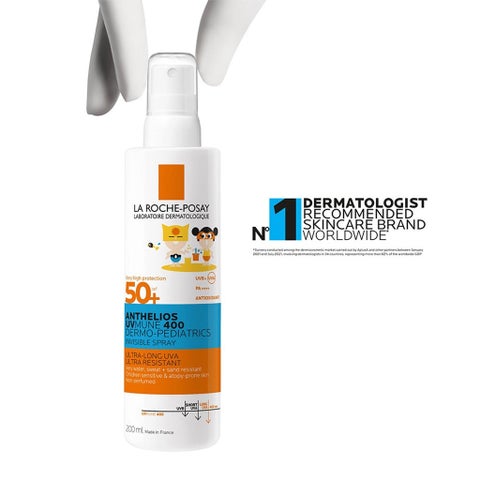 لاروش بوساي أنثيليوس UVMUNE 400 درميو بيدياتريكس SPF50+ بخاخ واقي من الشمس غير مرئي للأطفال للوجه والجسم 200 مل