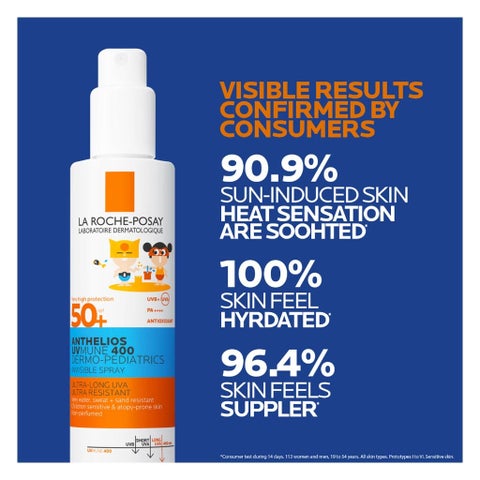 لاروش بوساي أنثيليوس UVMUNE 400 درميو بيدياتريكس SPF50+ بخاخ واقي من الشمس غير مرئي للأطفال للوجه والجسم 200 مل