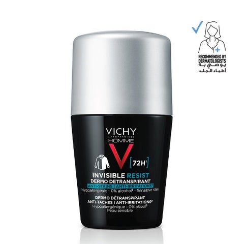 Vichy Homme 72 Hour Invisible Resist Dermo Detranspirant, Anti-Stains & Anti-irritation Deodorant Roll On For Men 50ml
