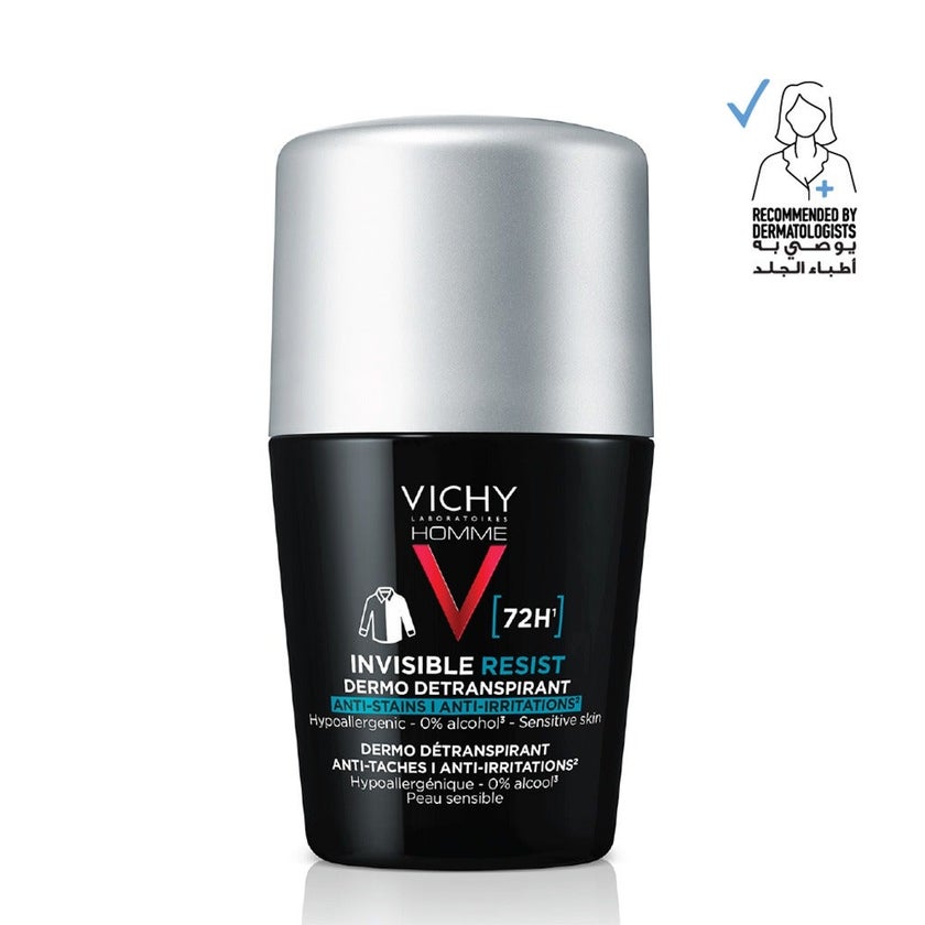 Vichy Homme 72 Hour Invisible Resist Dermo Detranspirant, Anti-Stains & Anti-irritation Deodorant Roll On For Men 50ml