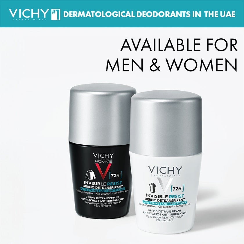 Vichy Homme 72 Hour Invisible Resist Dermo Detranspirant, Anti-Stains & Anti-irritation Deodorant Roll On For Men 50ml