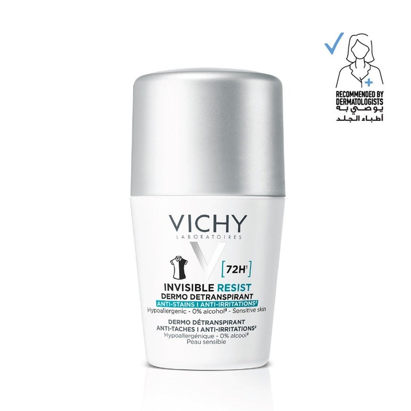 Vichy Homme 72 Hour Invisible Resist Dermo Detranspirant, Anti-Stains & Anti-irritation Deodorant Roll On For Women 50ml