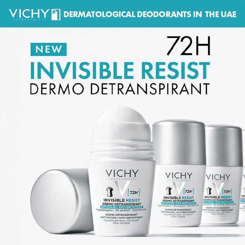 Vichy Homme 72 Hour Invisible Resist Dermo Detranspirant, Anti-Stains & Anti-irritation Deodorant Roll On For Women 50ml