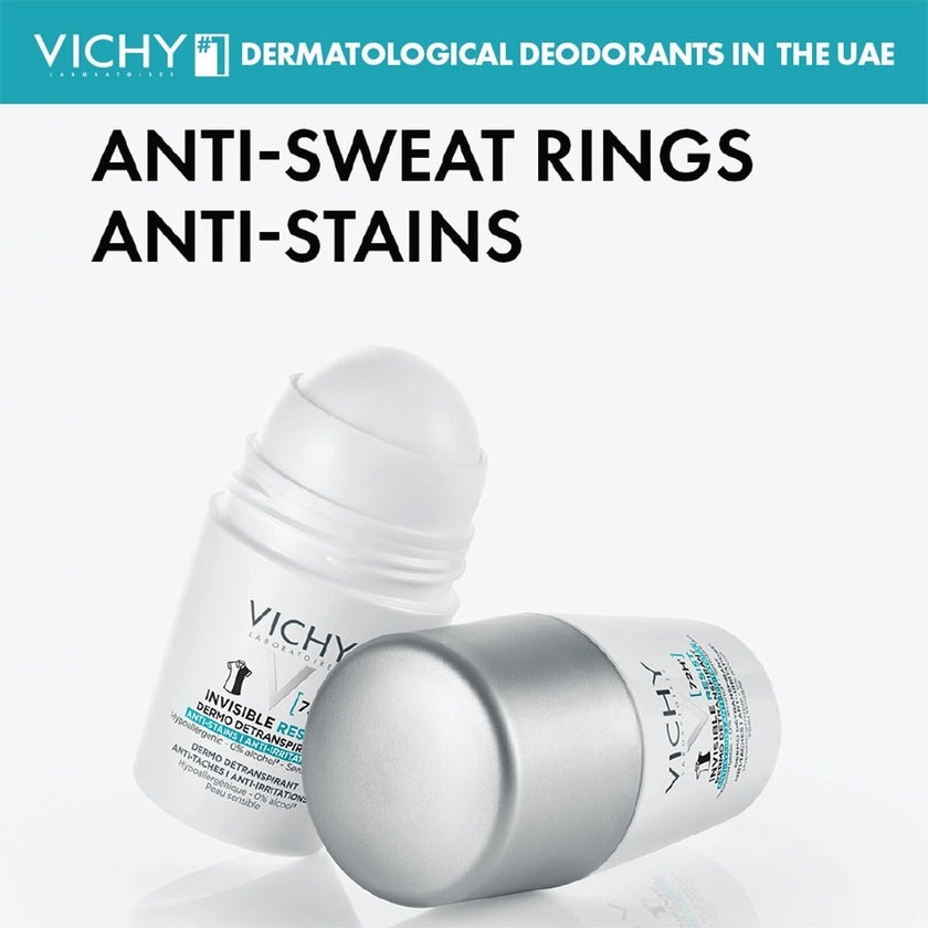 Vichy Homme 72 Hour Invisible Resist Dermo Detranspirant, Anti-Stains & Anti-irritation Deodorant Roll On For Women 50ml