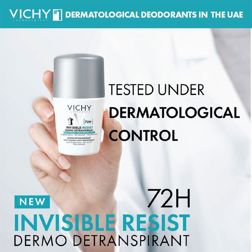 Vichy Homme 72 Hour Invisible Resist Dermo Detranspirant, Anti-Stains & Anti-irritation Deodorant Roll On For Women 50ml