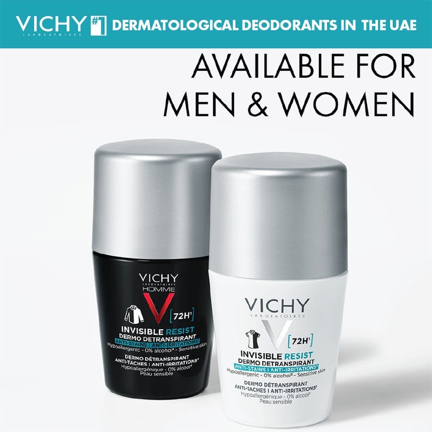 Vichy Homme 72 Hour Invisible Resist Dermo Detranspirant, Anti-Stains & Anti-irritation Deodorant Roll On For Women 50ml