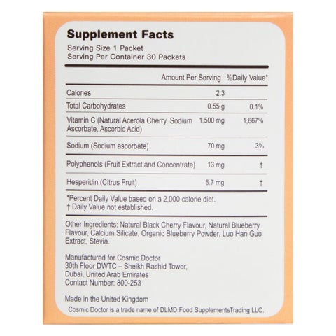 Cosmic Doctor Double C 1500mg Vitamin C Supplement Sachets Blueberry Acerola Flavour, Pack of 30's