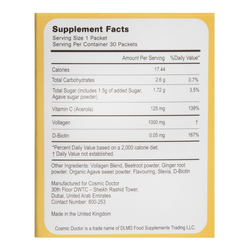 Cosmic Doctor Sparkling Vollagen Vegan Collagen Supplement Sachets, Yuzu Citrus Flavor, Pack of 30's